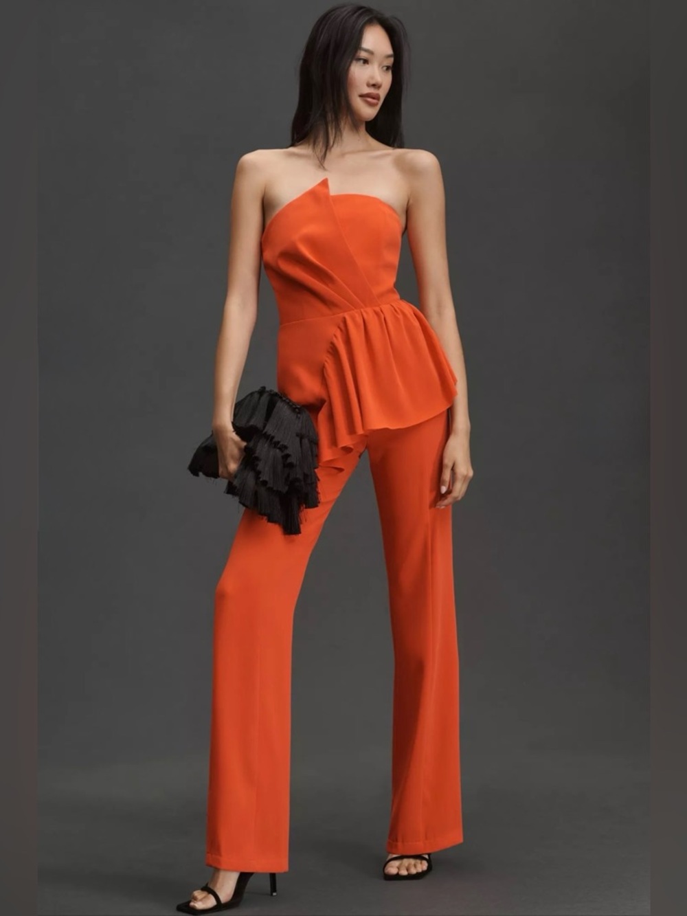 Elliatt Mira By Anthropology Strapless Peplum Jumpsuit in Coral Red